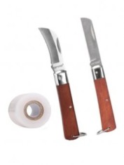 Set 2 Cutite profesionale pentru altoit, manere lemn, lama dreapta si lama curbata, otel carbon plus rola Banda altoit
