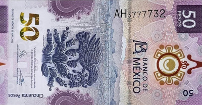 MEXIC █ bancnota █ 50 Pesos █ 2022 █ P-W133 █ SERIE AN █ POLYMER UNC necirculata foto