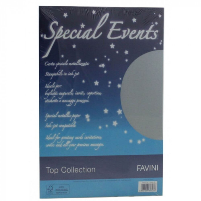 Hartie Cartonata Metalizata A4 FAVINI Special Events,10 File/Top, 250 g/m&sup2;, Argintie, Coli Carton Special Decoratiuni, Hartii Cartonate Metalizate Arg