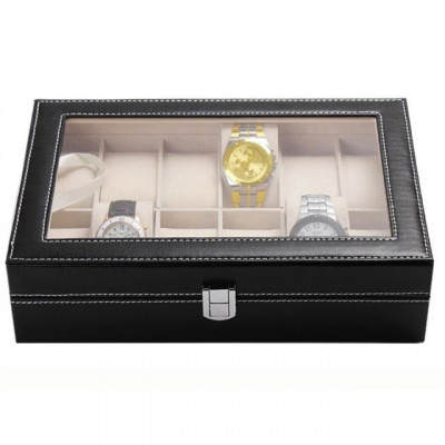 Cutie caseta eleganta depozitare cu compartimente pentru 12 ceasuri, negru foto