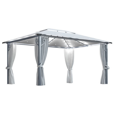 Pavilion cu perdele &amp;amp; șiruri lumini LED, crem, 4x3 m, aluminiu foto