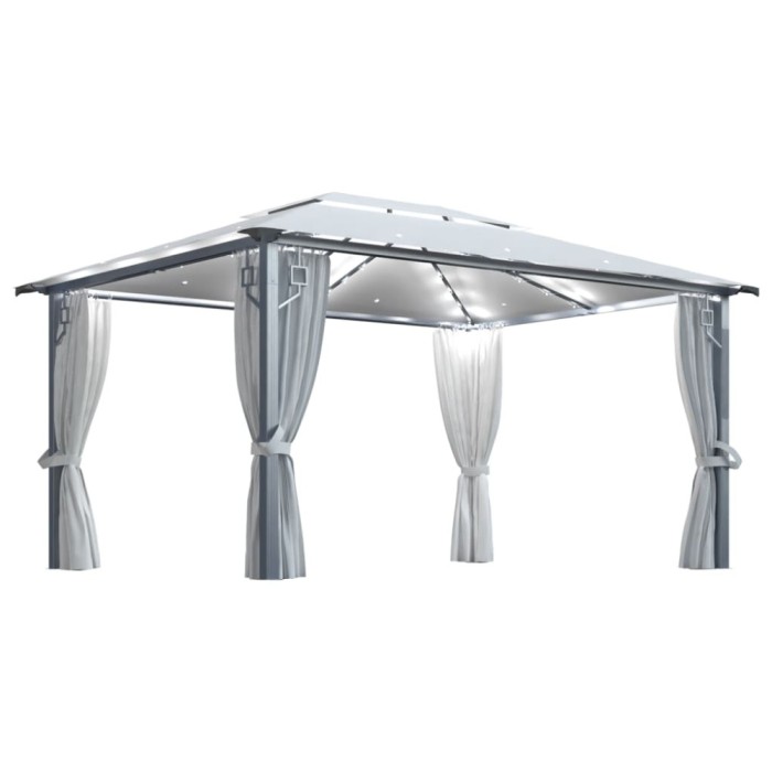 Pavilion cu perdele &amp; șiruri lumini LED, crem, 4x3 m, aluminiu