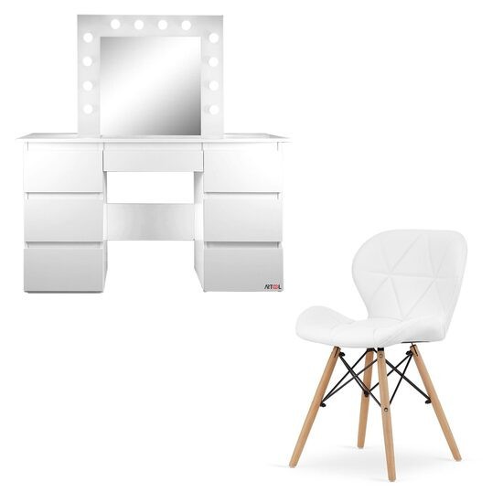 Masa de toaleta/machiaj + Scaun stil scandinav Lago, alba, cu oglinda si LED-uri, Vanessa, 130x43x143 cm