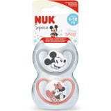 Suzeta Nuk Space Mickey, Silicon, 6-18 Luni Luni, Forma Ortodontica, Set 2Buc/Cutie, Rosu/Gri