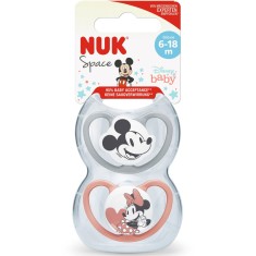 Suzeta Nuk Space Mickey, Silicon, 6-18 Luni Luni, Forma Ortodontica, Set 2Buc/Cutie, Rosu/Gri