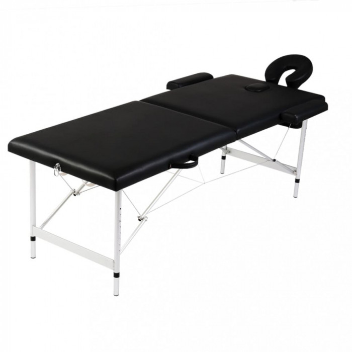 Masă masaj pliabilă, 2 zone, negru, cadru aluminiu