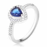 Inel - ştras albastru &icirc;nchis &icirc;n formă de lacrimă, zirconiu transparent, argint 925 - Marime inel: 57
