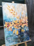 Cumpara ieftin Tablou cu frunze impasto pictat manual, Toamna tarzie, 70x50cm acril pe panza in relief efect 3D, Kenny Varniote