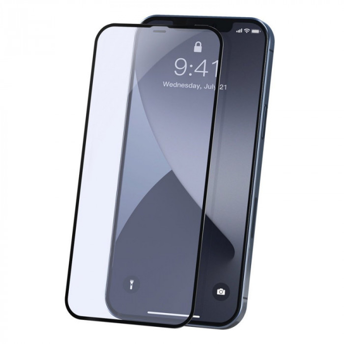 Folie Protectie Ecran Baseus pentru Apple iPhone 12 Pro Max, Sticla securizata, Full Face, 0.23mm, Set 2buc, Neagra SGAPIPH67N- TE01