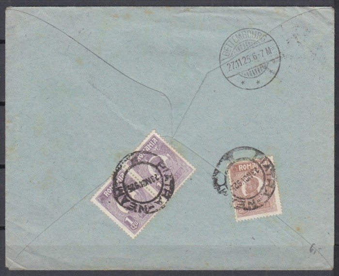 ROMANIA 1919/1922 LP 72 REGELE FERDINAND UZUALE/PLIC CIRCULAT 1925 PIATRA NEAMT-LUXEMBURG