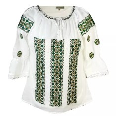 Bluza Tip Ie Traditionala Alba cu Motiv Geometric Verde de Dama - IMS47