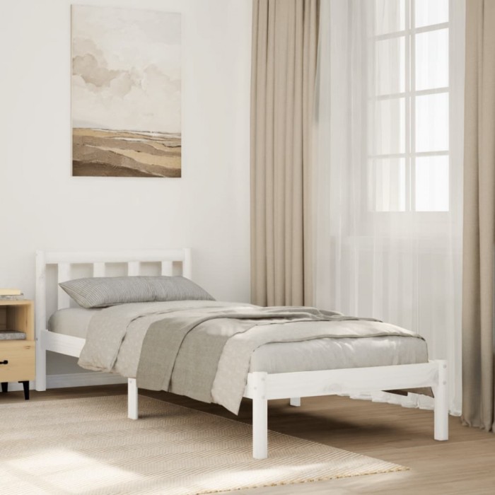 Cadru pat foarte lung fără saltea alb 90x220 cm lemn masiv pin
