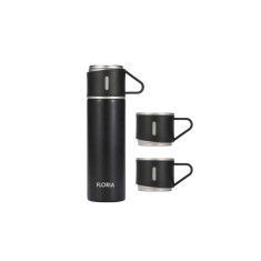 Termos portabil 400ml cu 3 cesti, interior inox, negru, pastrare temperatura lunga