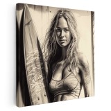 Tablou canvas femeie cu placa surf, sepia 1367 Tablou canvas pe panza CU RAMA 60x60 cm