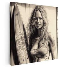 Tablou canvas femeie cu placa surf, sepia 1367 Tablou canvas pe panza CU RAMA 40x40 cm