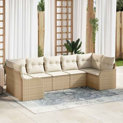 Set de canapele pentru grădină 7 pcs Bej și alb Rattan poli foto