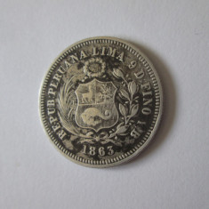 Peru 1/5 Sol 1863 argint,moneda cu patina deosebita,diam=23 mm