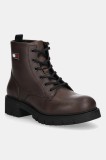 Tommy Jeans cizme de piele TJW LACE UP LEATHER BOOT culoarea maro, cu toc plat, EN0EN02824
