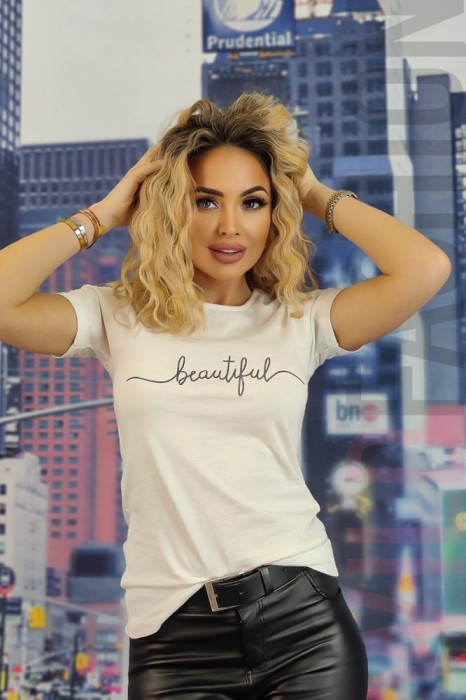 U833-221 Tricou casual cu imprimeu text &quot;beautiful&quot;