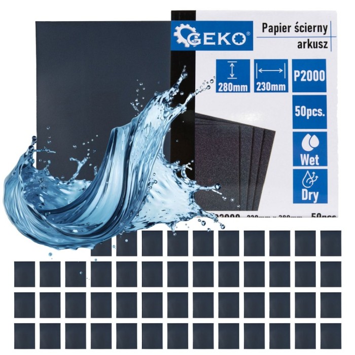 Set hartie abraziva pe baza de apa, 230 x 280 mm, P2000, 50 bucati, Geko G78495