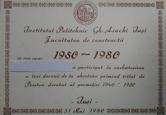 Diploma participare-mai 1980 Institutul Politehnic Facultatea Constructii Iași