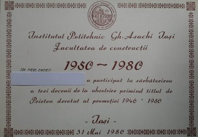 Diploma participare-mai 1980 Institutul Politehnic Facultatea Constructii Iași foto