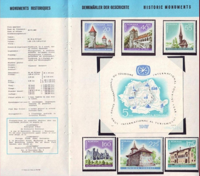 1967 Romania, Monumente istorice LP 650-651, pliant filatelic de prezentare