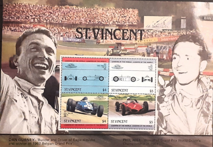 St. VINCENT , masini, MASINI DE CURSE FERRARI, formula 1, PILOTI, BLOC MNH