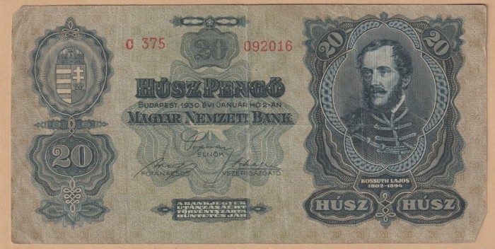 (3) BANCNOTA UNGARIA - 20 PENGO 1930 (2 IANUARIE 1930), PORTRET LAJOS KOSSUTH