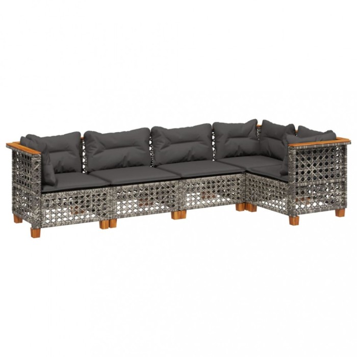 Set canapea de gradina cu perne, 5 piese, gri, poliratan