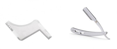 Set profesional pieptene / sablon transparent contur barba &amp;amp; mustata + Brici profesional pentru barbierit si ras capilar, brici din otel inoxidabil, M foto