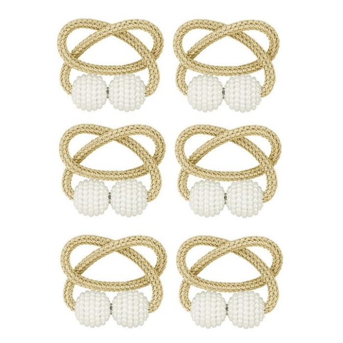 Set de prindere pentru draperii si perdele, 6 magneti decorativi imprimati cu margele, tip snur - Crem