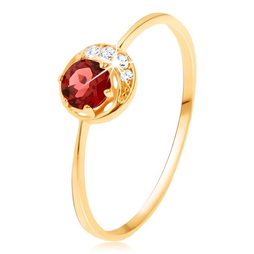 Inel din aur galben de 14K - semilună mică strălucitoare, granat roșu - Marime inel: 60