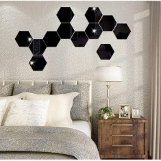 Set Oglinzi Acrilice Design Hexagon - Oglinzi Decorative M Black 12 bucati/set