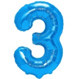 Balon din folie metalizata flippy, figurina cifra, tema aniversare 40 cm, ambalaj individual, pai inclus, umflare cu aer sau heliu, albastru, cifra 3