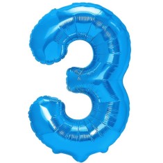 Balon din folie metalizata flippy, figurina cifra, tema aniversare 40 cm, ambalaj individual, pai inclus, umflare cu aer sau heliu, albastru, cifra 3