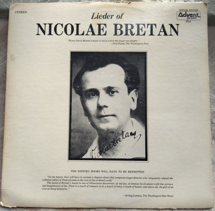 DISC LP: LIEDER OF NICOLAE BRETAN (LUDOVIC KONYA &amp; FERDINAND WEISS)[U.S.A. 1975]