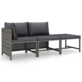 Set mobilier de gradina cu perne, 3 piese, gri, poliratan