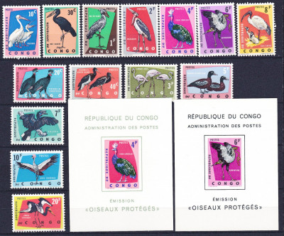 DB1 Congo 1963 Fauna Pasari 14 v. + 2 SS MNH foto