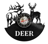 Ceas de perete decorativ realizat din disc de vinil, Model Cerbi in Natura, Text DEER, Negru, 30 cm