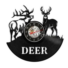 Ceas de perete decorativ realizat din disc de vinil, Model Deer Cerb si Caprioara, V&acirc;nătoare, Natura, Cadran Skeleton, Negru Premium, 30 cm