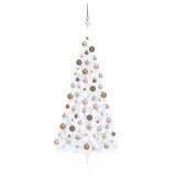Brad de Crăciun artificial jumătate LED-uri&amp;globuri alb 180 cm
