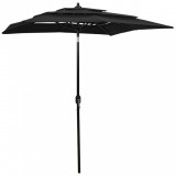 Umbrelă de soare 3 niveluri, st&acirc;lp de aluminiu, negru, 2x2 m, vidaXL