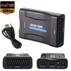 Adaptor Scart la HDMI, Active, Full HD, convertor euroscart analog la hdmi digital cu mufa video si sunet audio mama, cablu alimentare USB 5V, compati