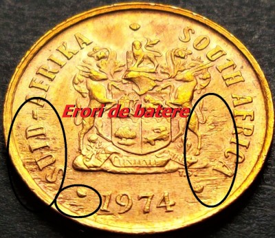 Moneda cu ERORI de BATERE: 1 CENT - AFRICA de SUD, anul 1975 * cod 5295 = A.UNC foto