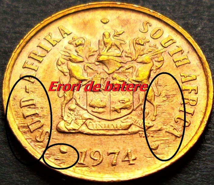 Moneda cu ERORI de BATERE: 1 CENT - AFRICA de SUD, anul 1975 * cod 5295 = A.UNC