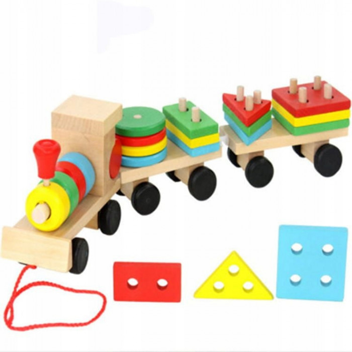 Montessori tren din lemn cu blocuri de lemn cu blocuri Jigsaw Sorter