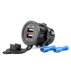 Incarcator auto moto impermeabil 2x USB 12/24V MOD-03 AMiO, cu iluminare rosie, capac din cauciuc, pentru motociclete, quads, barci, scutere,
