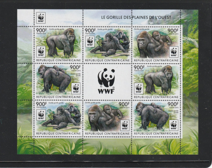 Republica Centrafricana 2015-Fauna,WWF,Maimute,Gorile,Bloc 2 serii,Mi.5460-3KBII