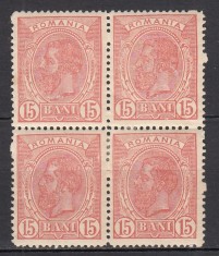 ROMANIA 1898 LP 51f REGELE CAROL I SPIC DE GRAU FILIGRAN PR VALOAREA 15 BANI ROSU BLOC DE 4 TIMBRE GUMA ORIGINALA SARNIERA